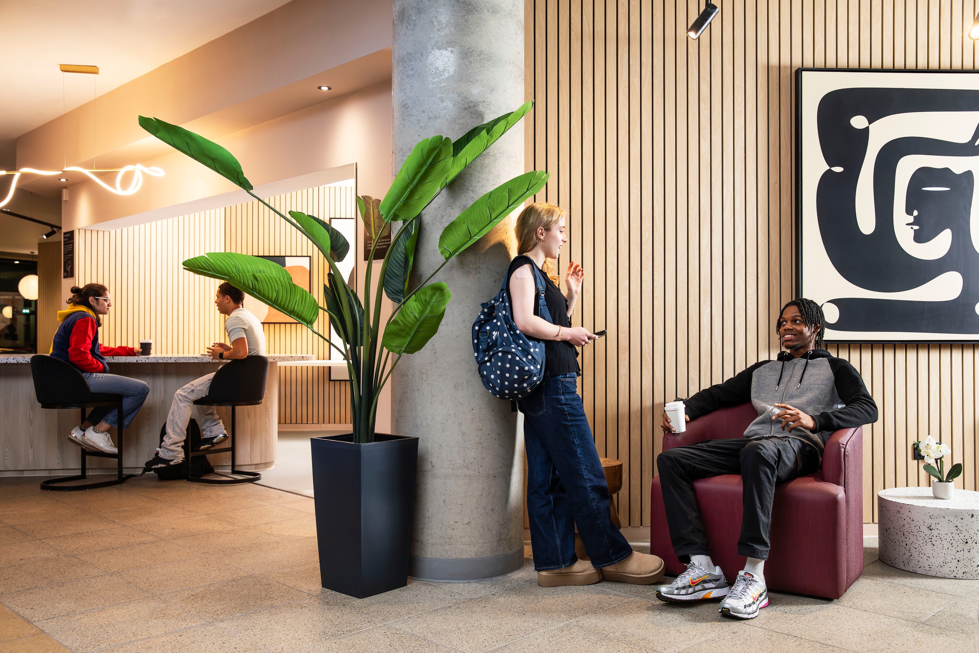 Students in reception area at Angel Lane