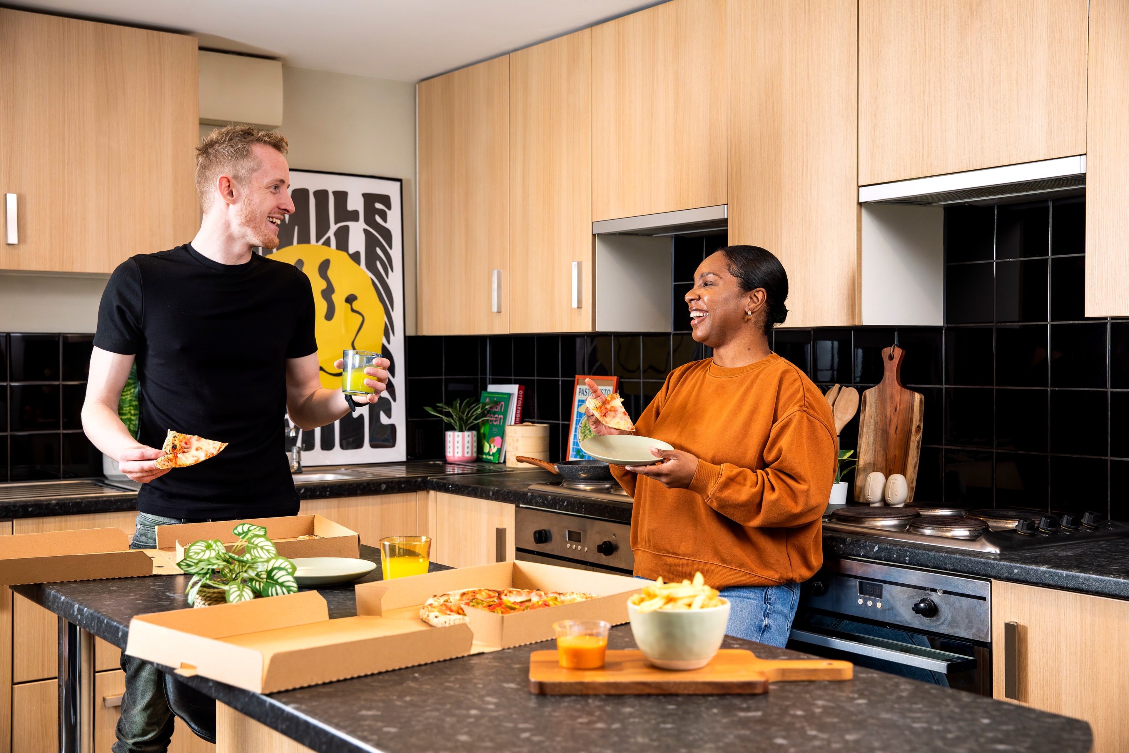 Students in shared kitchen at Angel Lane