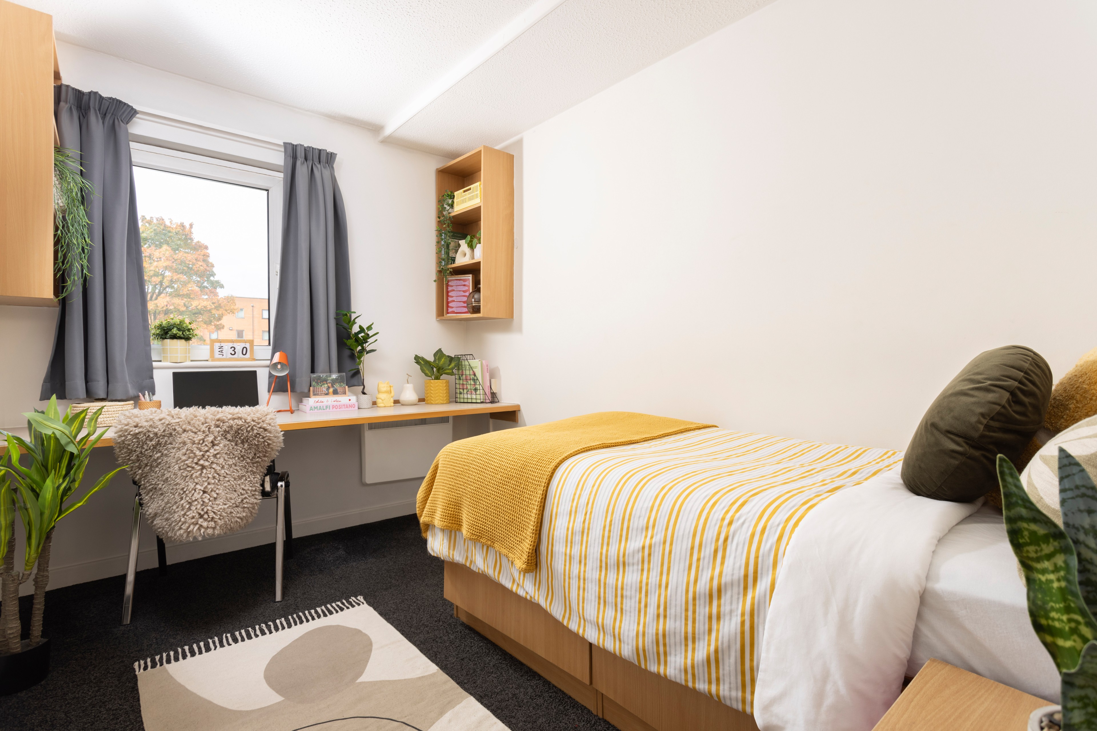 Bed and desk in en-suite room