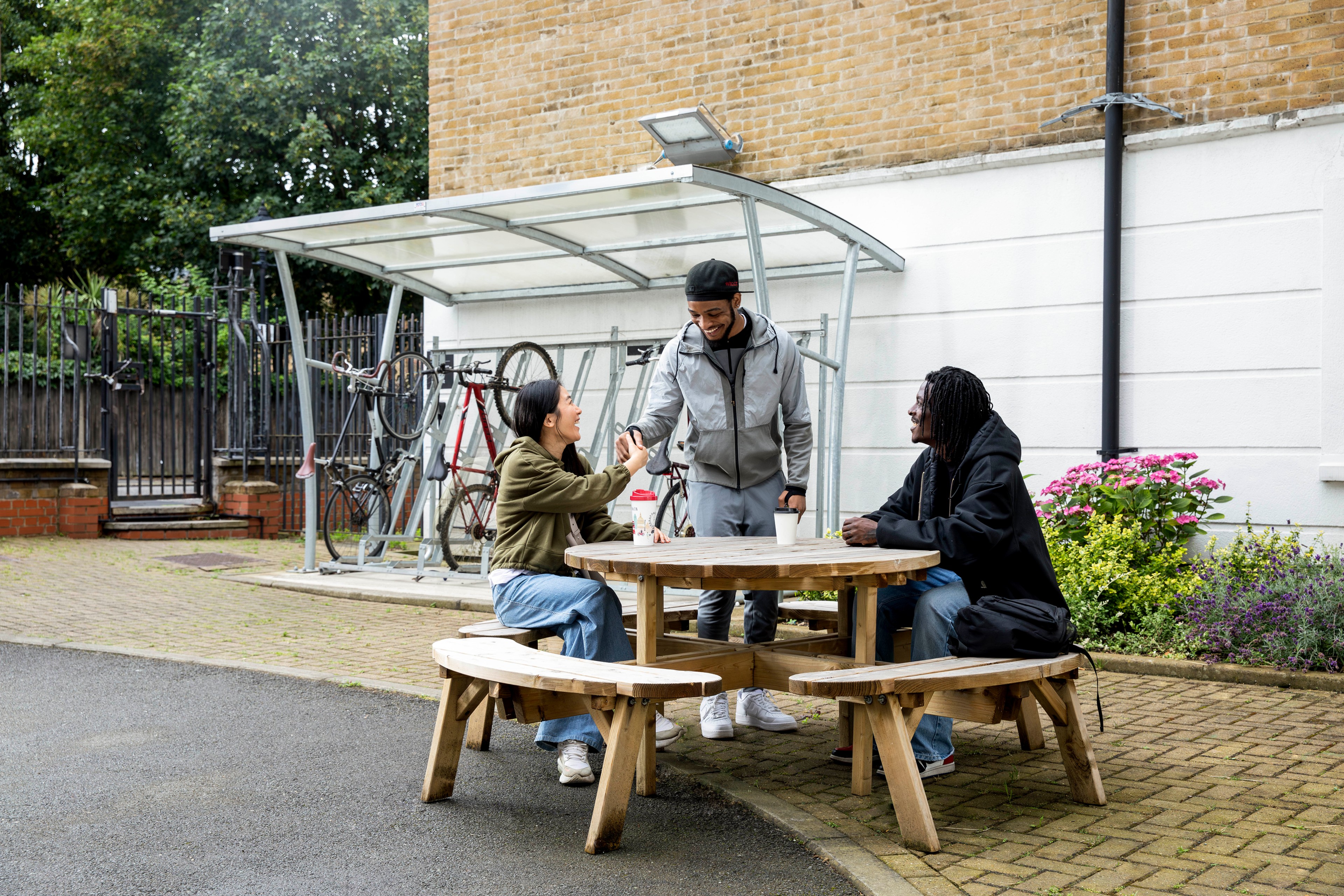 Students in the outdoor courtyard