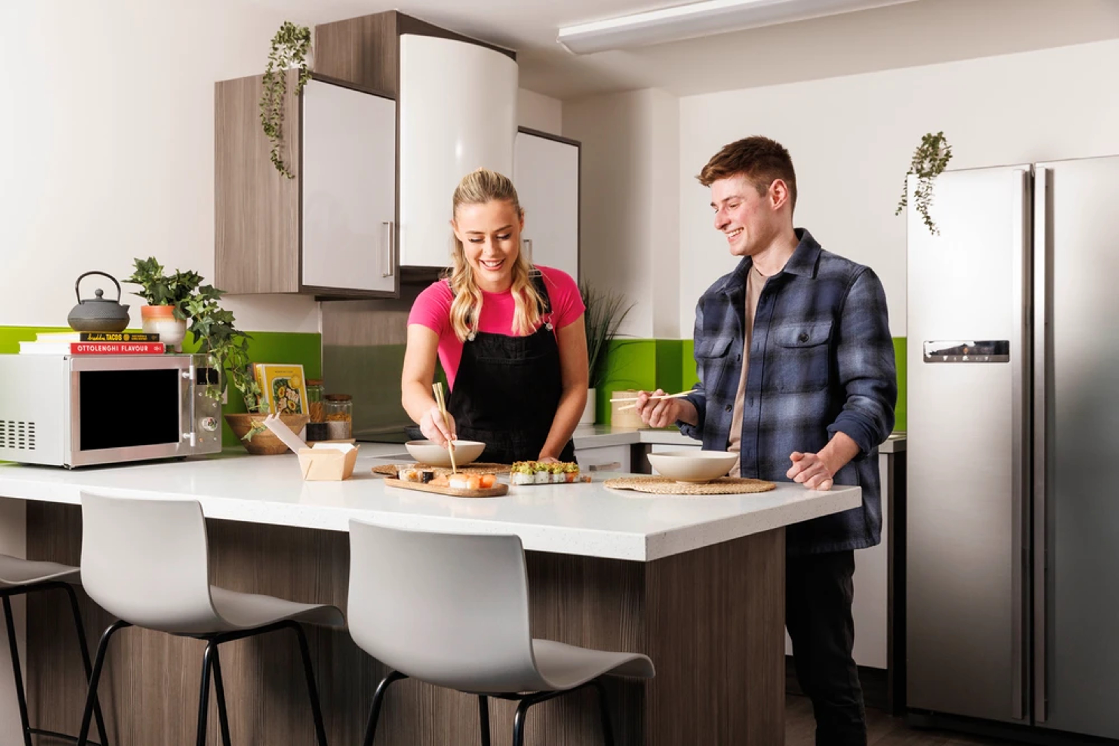 Students in a shared kitchen