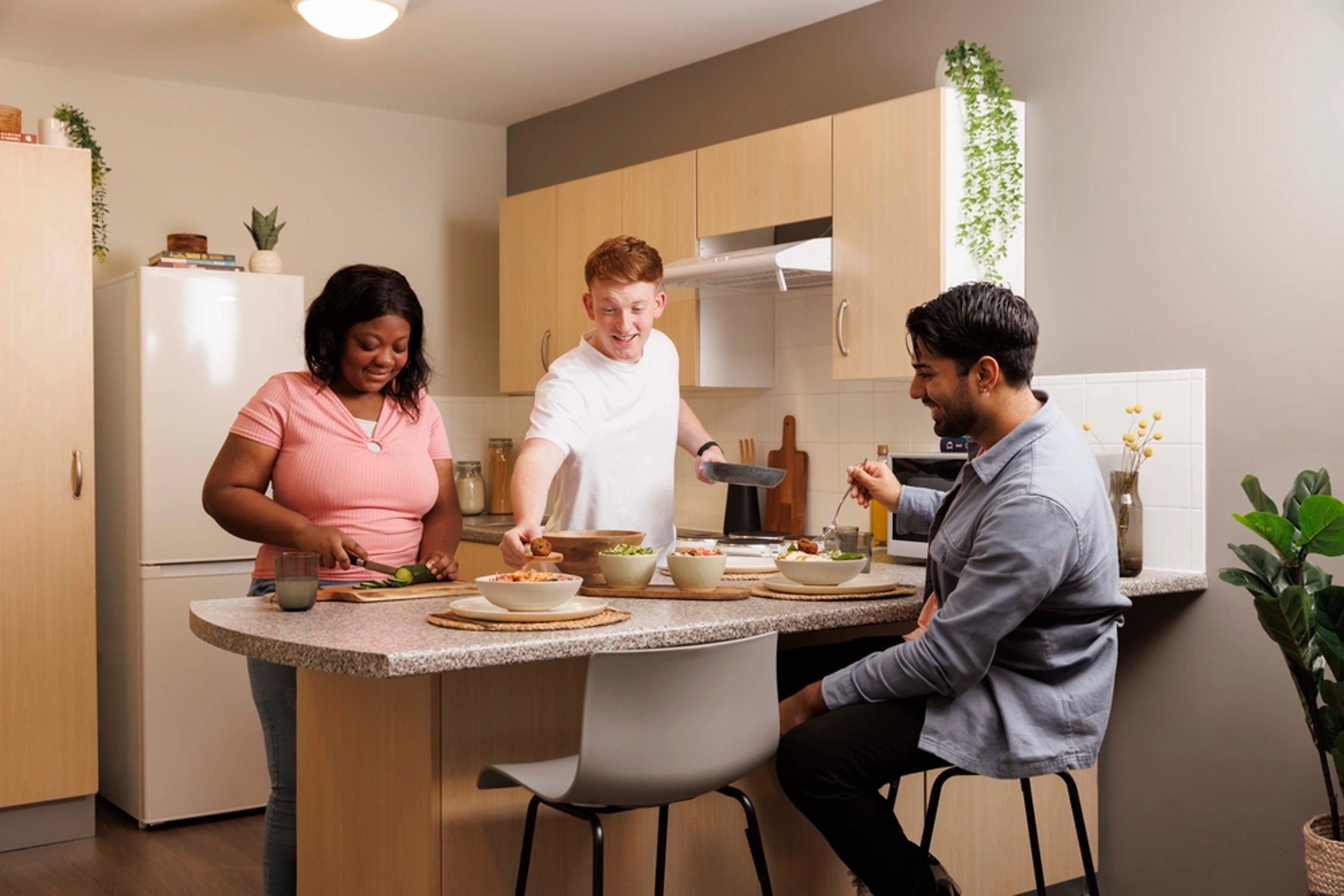 Students in a shared kitchen