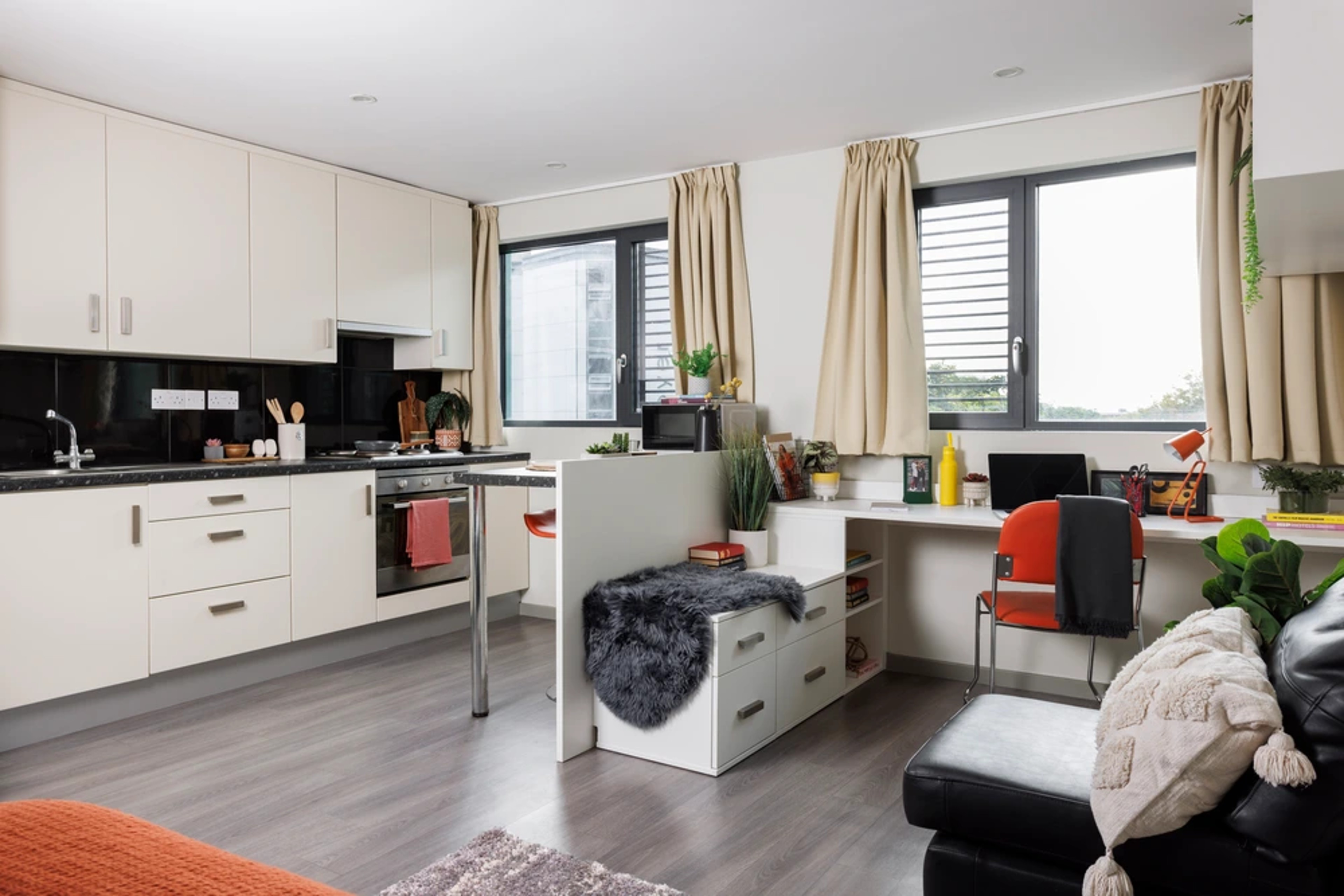 Classic Studio study space and kitchen