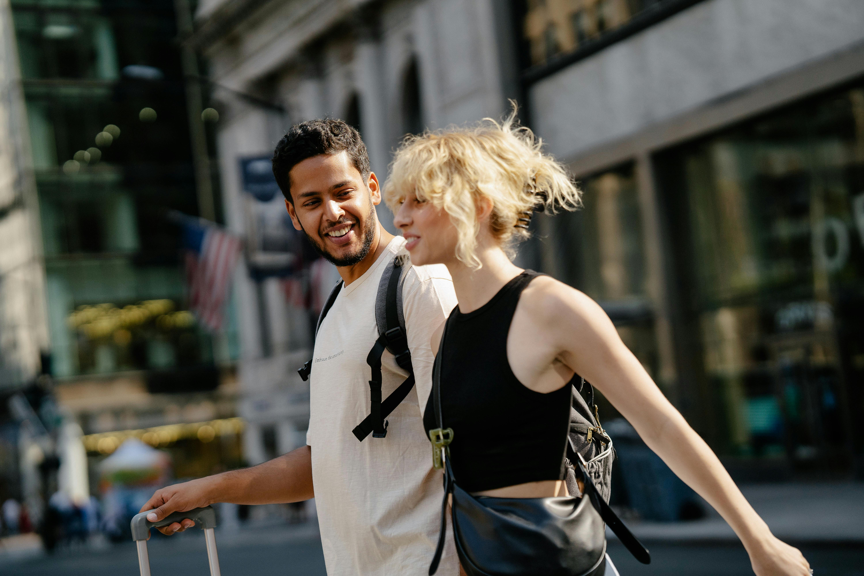 Girl and boy exploring city