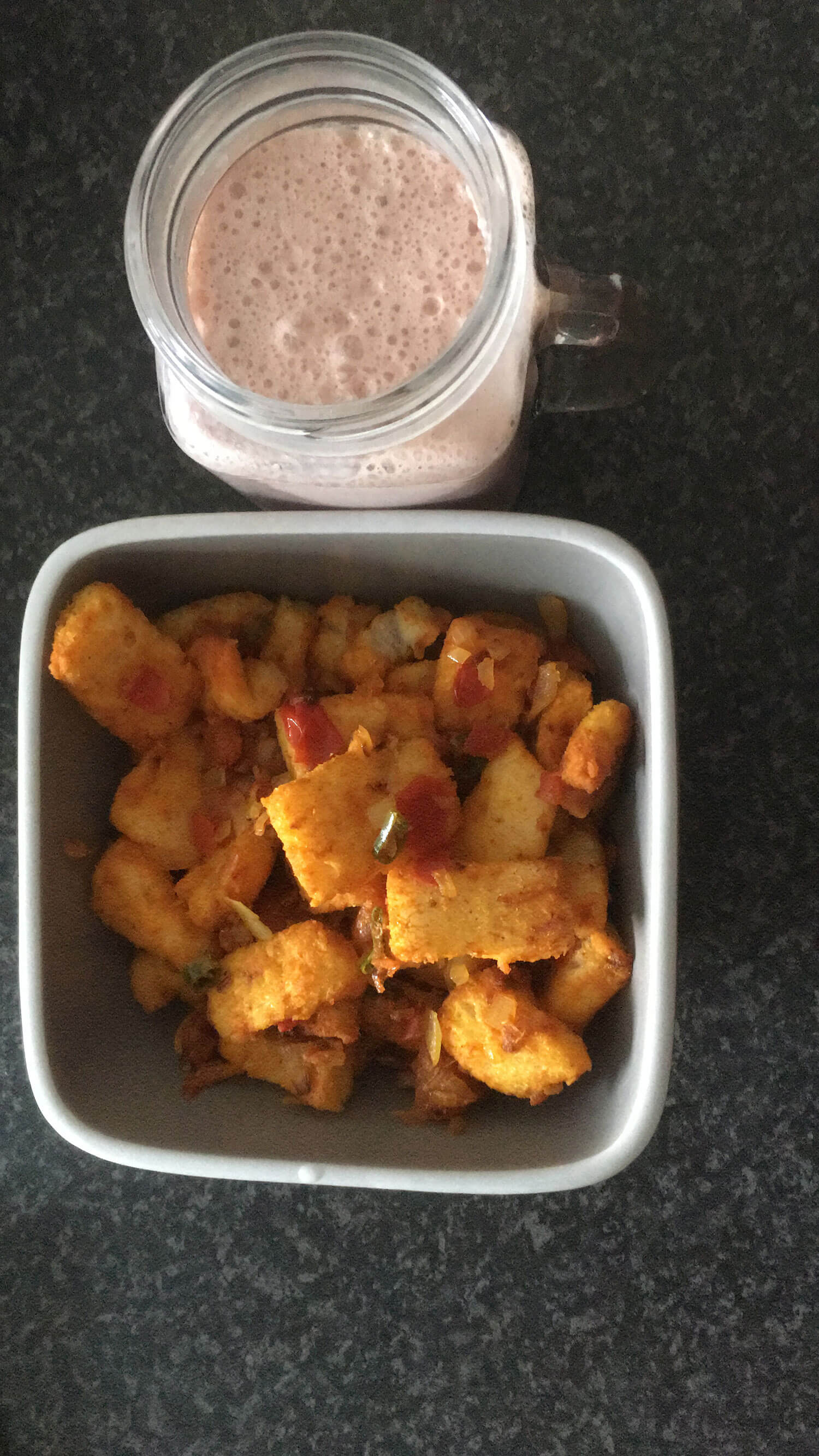 Masala bread and a strawberry milkshake